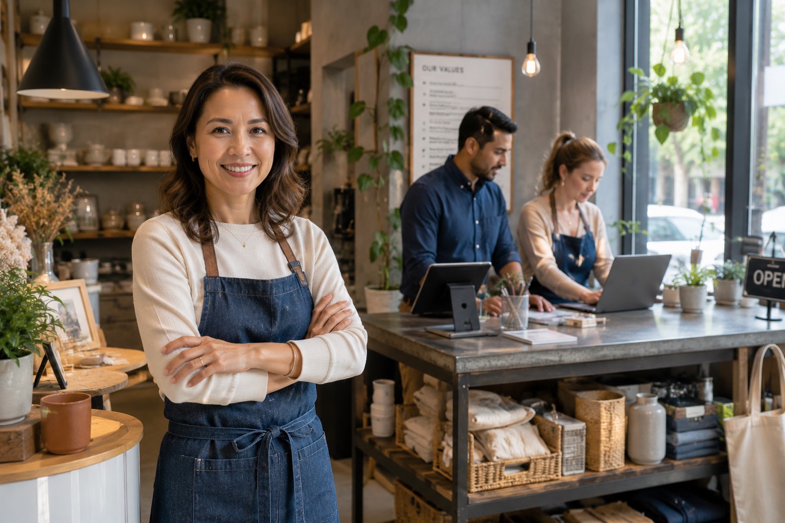 A small-business owner standing in her shop