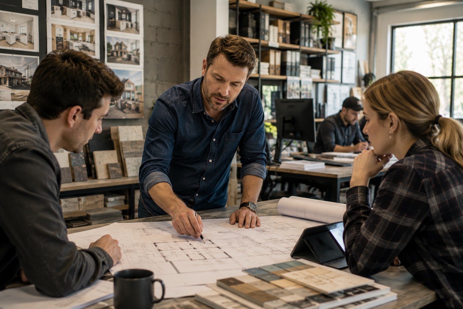 Business owners reviewing project plans together