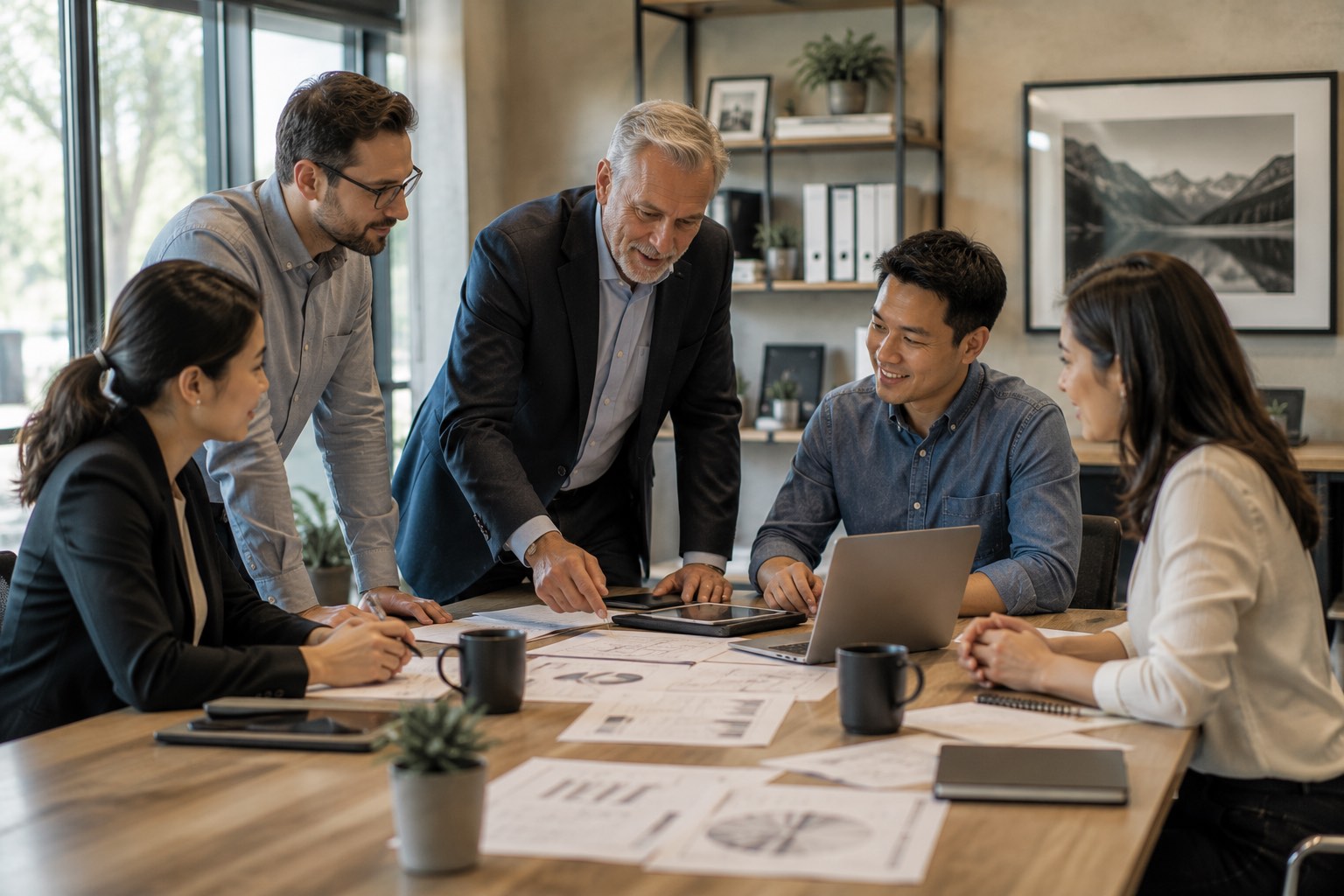 A business team in a meeting with their advisor