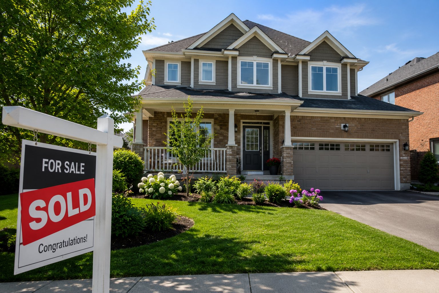 A newly purchased family home with a Sold sign on the front lawn