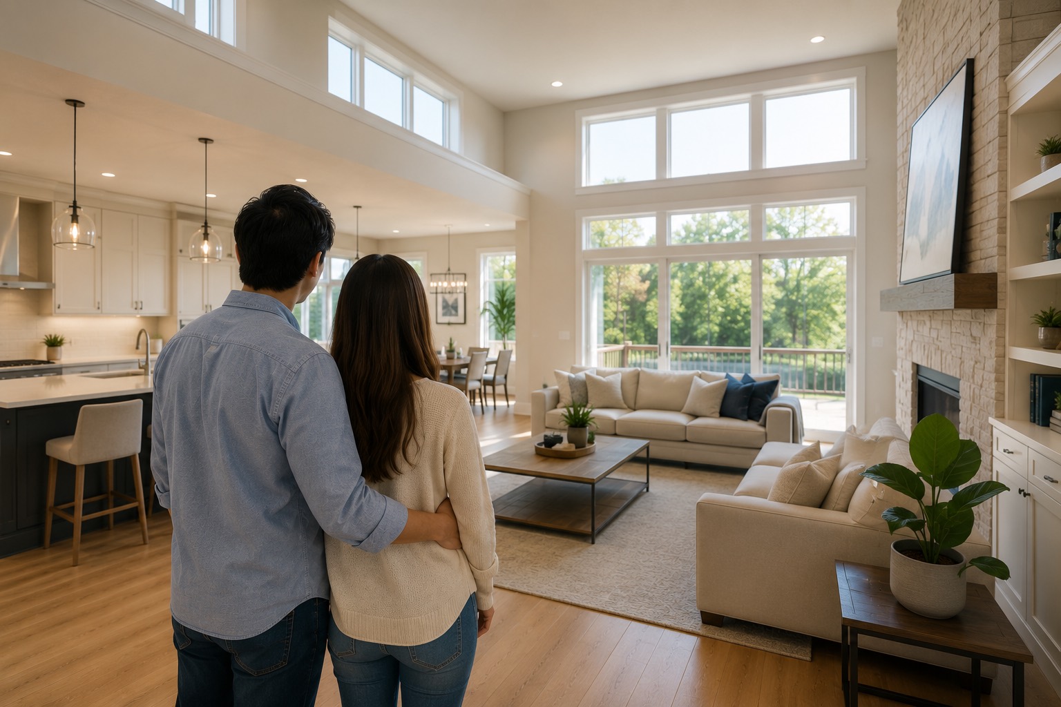 A couple viewing the bright, open-concept interior of a new home