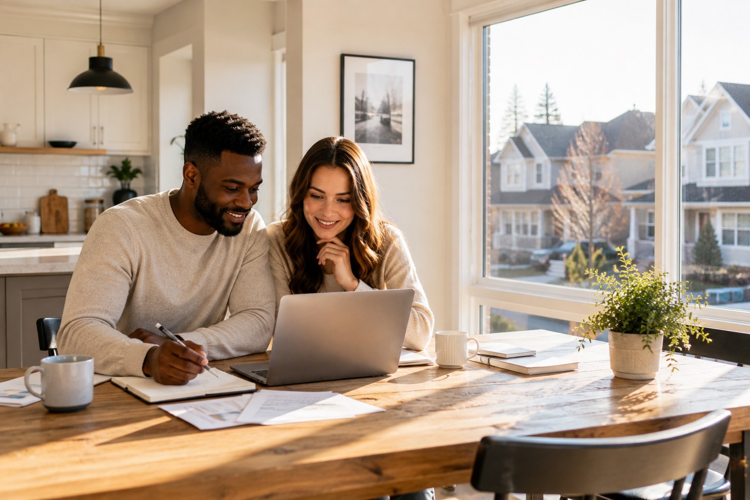 A couple reviewing their finances together at home