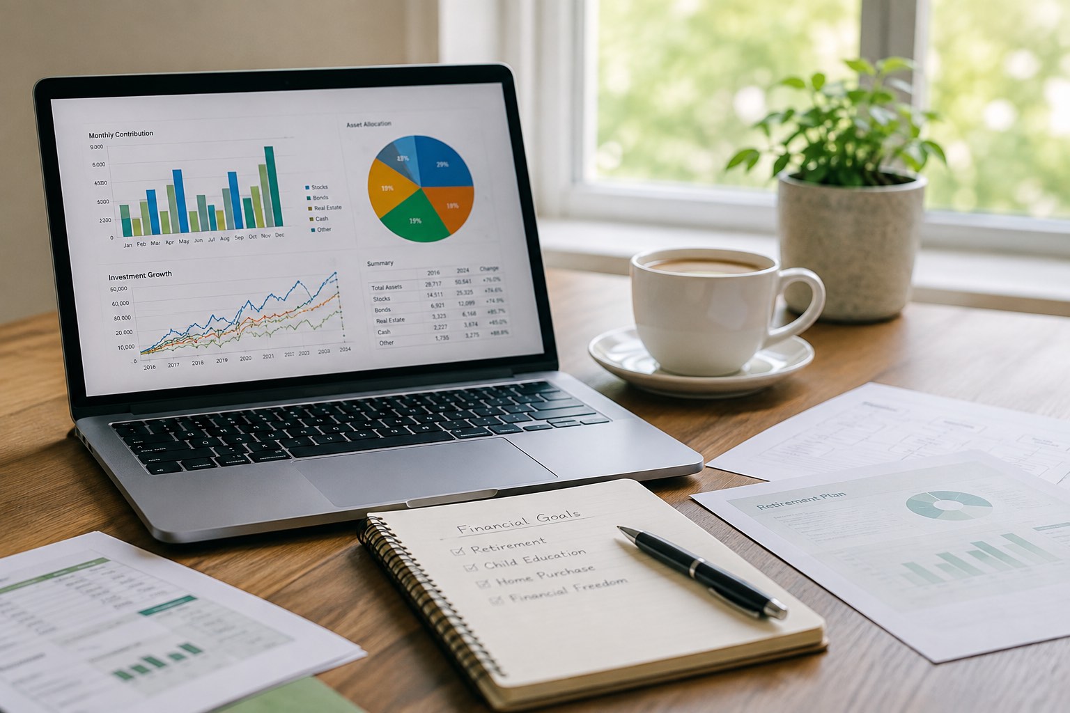 Investment charts and a financial goals notebook on a desk