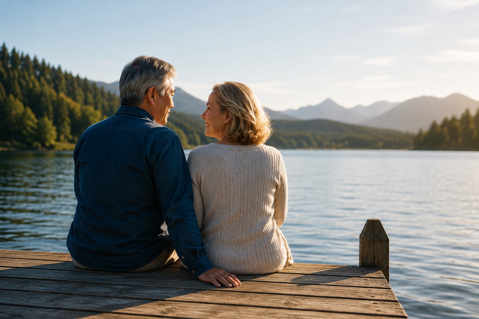 A mature couple relaxing on a lakeside dock